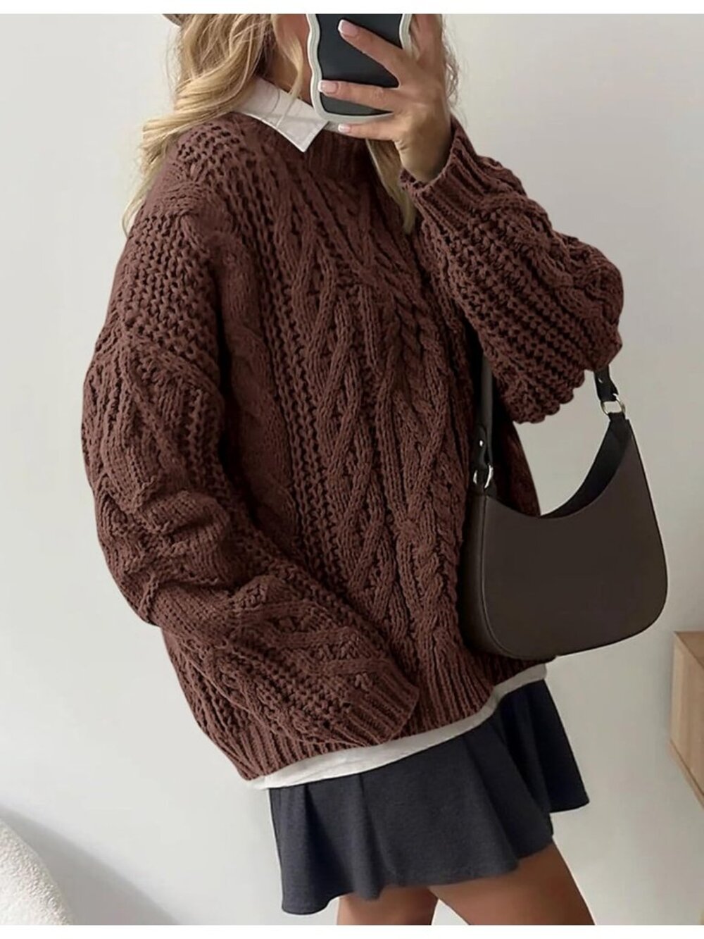 Women's Coffee Cozy Long Sleeve Loose Fitting Classic Crew Neck Fall Sweaters - Picture 5 of 6